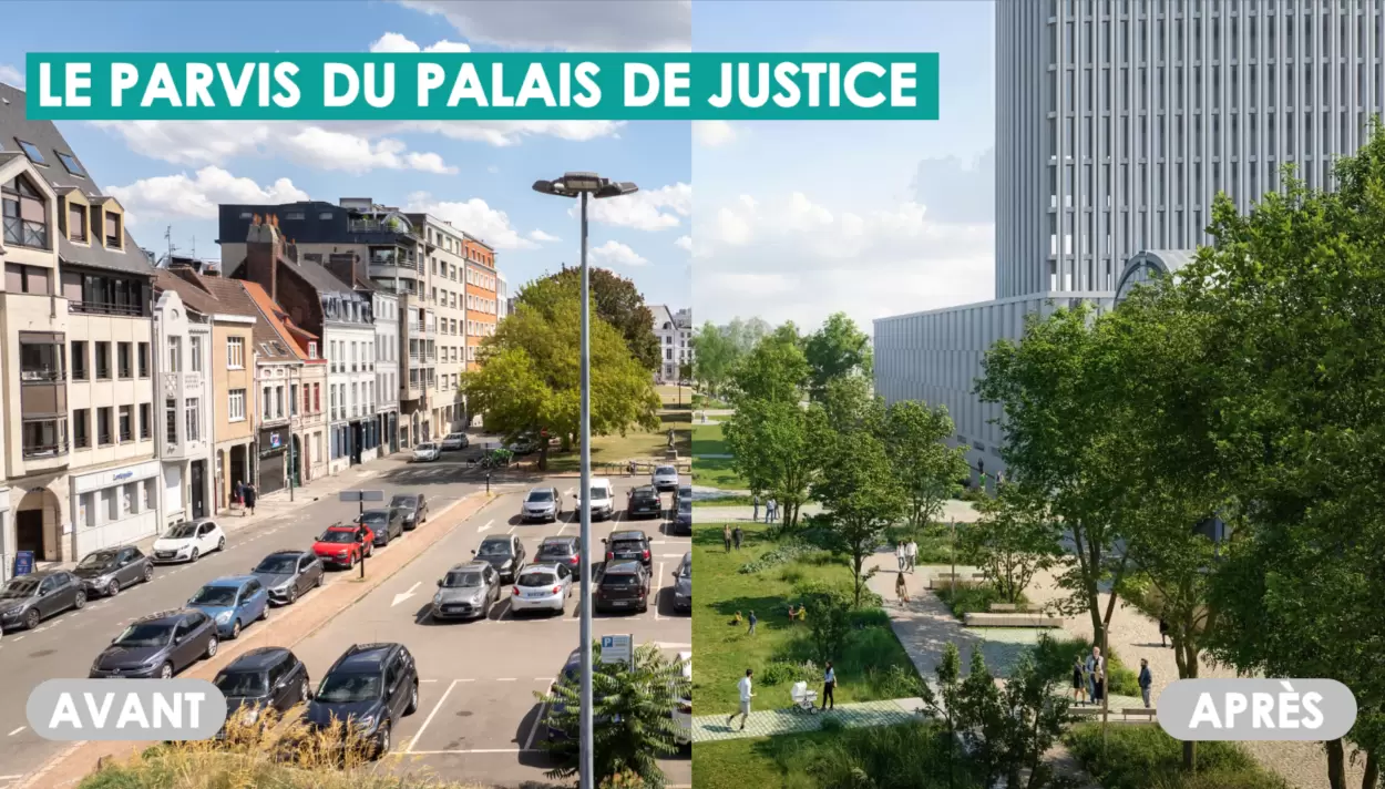 Le parvis du Palais de Justice avant/après. @Ville de Lille